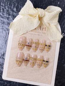 10 miếng dán móng tay hình hạnh nhân thủ công: Đường kẻ vàng 3D, bột gương và trang trí dây pha lê - Móng tay cao cấp, quyến rũ, sang trọng. Bộ dụng cụ làm móng thủ công, móng giả dán. - Nhiều màu - Xem 2