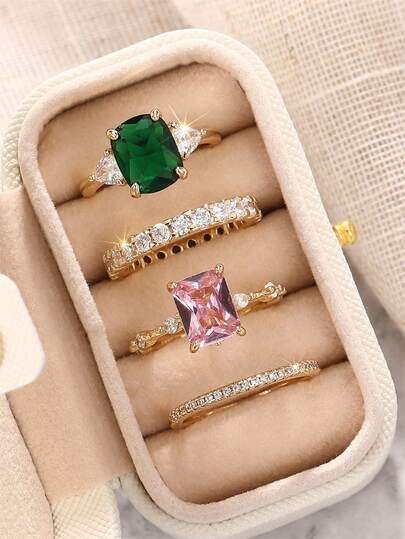 4 Pcs Gorgeous Cubic Zirconia Rings With Box For Women For Wedding Engagement Anniversary Party Jewelry Valentine's Day Gift