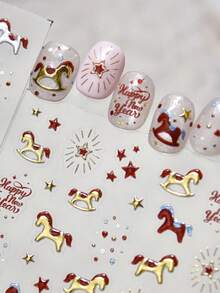 1张5D烫印美甲贴纸，中国风复古美甲贴纸，闪亮小马贴纸，DIY美甲贴纸，美甲贴纸和贴花 - 彩色 - 查看 1