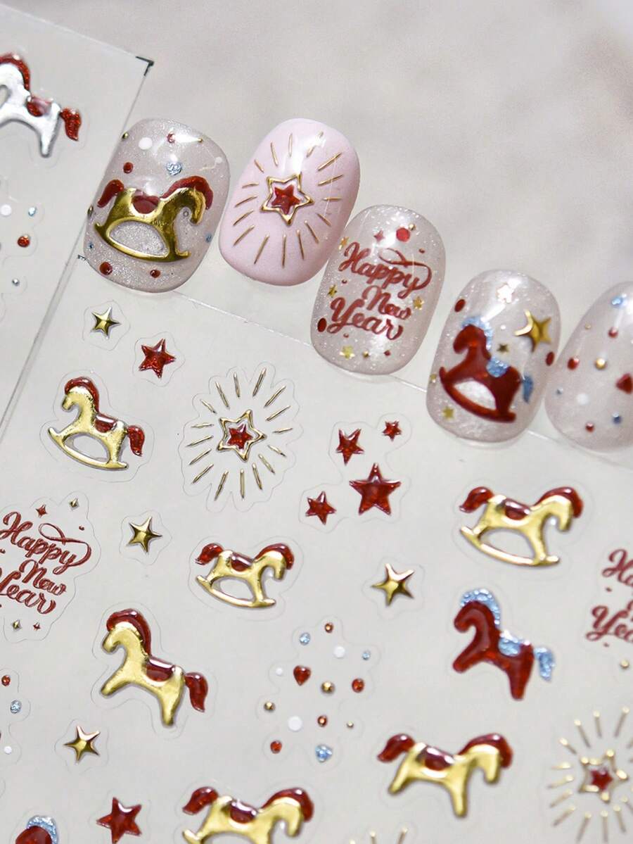 1张5D烫印美甲贴纸，中国风复古美甲贴纸，闪亮小马贴纸，DIY美甲贴纸，美甲贴纸和贴花 - 彩色 - 查看 1