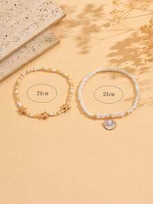 2pcs/Set Summer Beach Vacation Style Pearl Beaded Anklet, Drip Glaze Shell Pendant Faux Pearl Starfish Accessory Jewelry, Suitable For Women Everyday And Holiday Wear - Multicolor - View 4