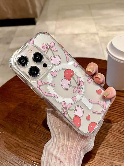 1pc Valentine's Day Bow, Cherry, Heart Patchwork Pattern Magnetic Transparent Shockproof Phone Case, Soft + Hard Material, Suitable As Holiday Gift For Men And Women, Transparent Glossy Case Compatible With Iphone Xs/Xsmax/Xr/11 12 13 14 15 16 17pro/Promax/14 15 16 17plus