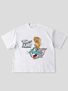 男士休闲汤姆和杰瑞图案印花圆领短袖T恤，夏季款 - 白色 - 查看 1