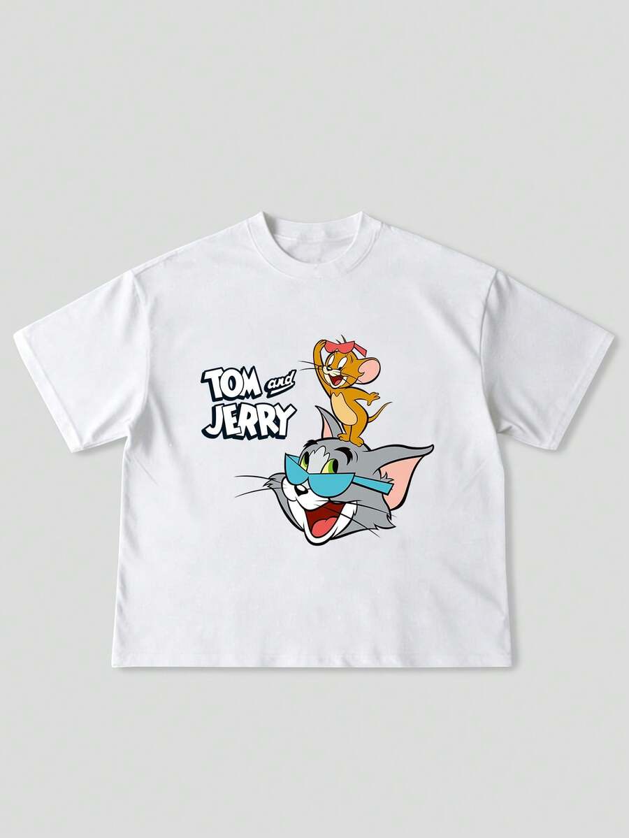 男士休闲汤姆和杰瑞图案印花圆领短袖T恤，夏季款 - 白色 - 查看 1