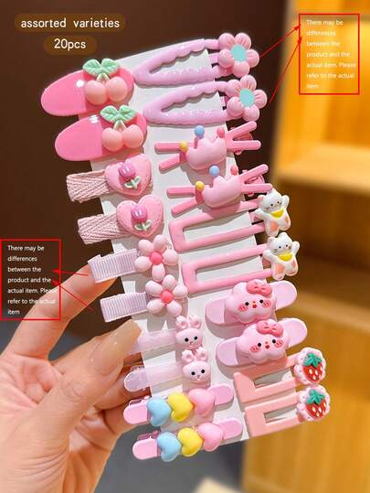 20pcs Cute Cartoon Pink Hair Clips, Random Styles Suitable For Daily Use