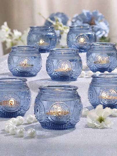 6/12pcs Vintage Blue Glass Candle Holders, Suitable For Wedding Table Decor, Bridal Shower, Boho Tea Party, Wedding Party Guest Gifts