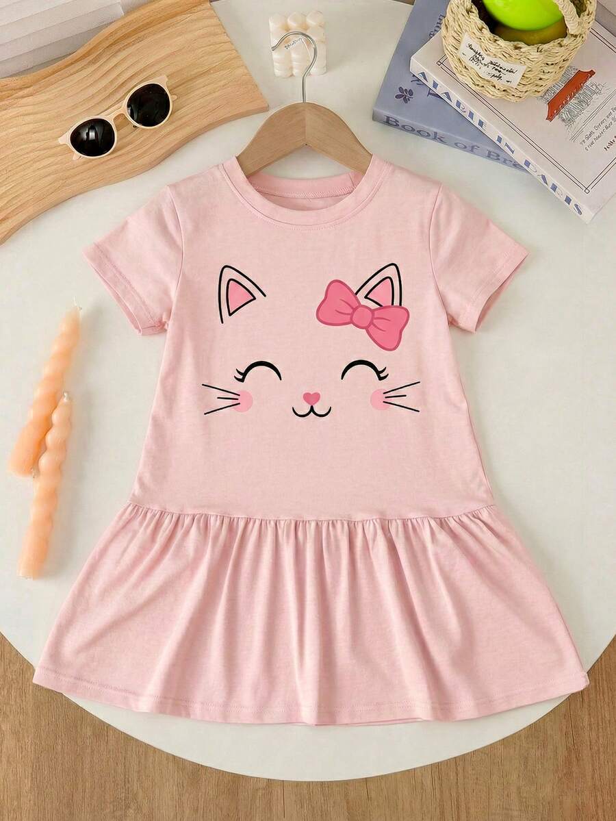 1 pièce Robe pour filles avec imprimé mignon de chat rose, robe t-shirt à manches courtes avec nœud, style mignon pour jeune fille, été - Rose bonbon - Voir 1