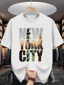 Camiseta gráfica unisex de impresión divertida para hombres, estilo casual de la ciudad de Nueva York - manga corta, algodón ligero, cuello redondo, lavable a máquina, camiseta de estilo veraniego con impresión de monumento de Nueva York, camiseta de manga corta de moda unisex, cómoda y que absorbe el sudor, cuello redondo casual, tela ligeramente elástica, ideal para actividades al aire  regalo de verano para hombres y mujeres. - Blanco - Ver 8