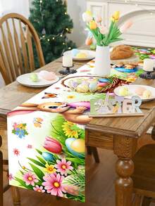 1pc Spring Easter Bunny Table Runner, Vibrant Rabbit, Egg, Flower & Butterfly Pattern Tablecloth, Seasonal Spring Kitchen Dining Table Decor, Holiday Party Outdoor Decoration, Happy Easter Home Decor, Farmhouse Style Gift, Size 13x70 Inches - Multicolor - View 7