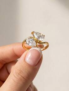 1 chiếc nhẫn bạc 925 cao cấp hình giọt nước đính đá Zirconia kép, nhẫn cưới đính hôn dành cho nữ, trang sức cưới tinh tế, quà tặng kỷ niệm, sinh nhật. - Nhẫn Ripple Double Drop - Xem 4