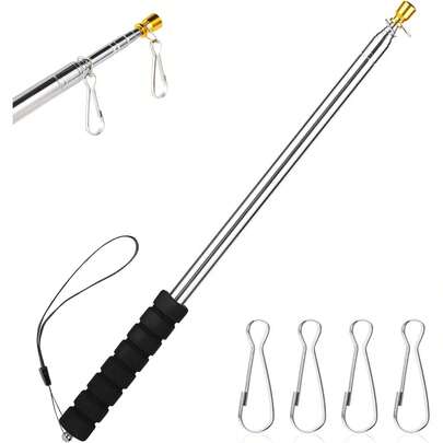 1 set de mât de drapeau extensible, comprenant 1 pièce de mât de drapeau télescopique en acier inoxydable de 2,5 m et 4 pièces de crochets, mât extensible robuste pour l'extérieur