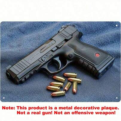 1pc Vintage 17 Caliber Handgun & Bullet Design Metal Sign, Funny Metal Poster, 2D Flat Printing Multi-Purpose Metal Decor, Pre-Drilled Holes For Easy Hanging, Suitable For Room, Home, Kitchen, Office, Garden, Outdoor, Bedroom, Living Room, Cafe, Restaurant, Garage, Bar Decoration