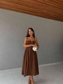Women's Premium Tailored Dress With A Flared Skirt - Rust Brown - View 2
