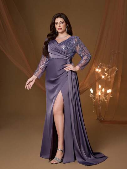 Đầm maxi dáng đuôi cá dài tay cổ chữ V xẻ tà màu tím đính sequin cỡ lớn hiệu Mgiacy, đầm mùa hè thanh lịch dành cho nữ, thích hợp cho đám cưới, dạ hội, tiệc tùng, kỳ nghỉ và lễ hội.