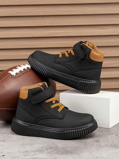 1 Pair Fashion Solid Color High-Top Children's Black Sports Shoes, Soft Sole Comfortable Non-Slip, Easy Closure, Suitable For Boys And Girls Daily Wear, Lightweight Versatile Campus Student Casual Sneakers