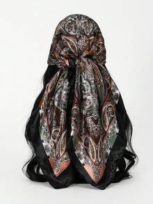 Pañuelo cuadrado de verano con estampado de leopardo y cadena para mujer, 90 cm, versátil para uso diario. - Negro - Ver 2