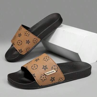 Men's Classic Arabic Style Sandals, Breathable Black Color, One-Strap Slide Slippers, Casual Beach Shoes, Open Toe, Premium Leather, Thick Sole, Letter Print, Suitable For Middle-Aged And Elderly, Flip-Flops, Soft Bottom, Beach, Driving, Outdoor, Indoor, Travel, Daily Activities