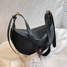 Women's Leather Dumpling Bag, PU Leather Saddle Shoulder Bag, Solid Color, Daily Commute Bag With Adjustable Strap - Black - View 12