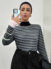 Livesso Women's Striped Print Round Neck Casual Versatile Long Sleeve T-Shirt - Grey - View 1