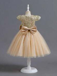 Flower Girl Dress Princess Style Girls Champagne Cap Sleeve Gold Lace Bodice Sparkly Star Tulle Gown With Big Bow Back For Wedding Birthday Party Pageant Bridesmaid Formal Occasion - Rượu sâm banh - Xem 3