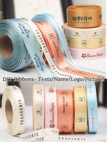 Personalized Custom Silk Ribbon Printed Logo DIY OEM Ribbon Decoration Gift. 2/5/10/20m Custom Text Ribbon, Personalized 2cm Wide Ribbon, Personalized Name/Text Wedding Printed Ribbon - Wedding Gift Packaging - Wedding Ribbon. Gold Text, Colorful Silk Ribbon DIY Crafts, Making Bows - Multicolor - View 3