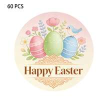 6/30/60 张圆形贴纸，复活节快乐贺卡图案，包含三个彩蛋和一只小鸟，纸质材质，是馈赠亲朋好友的理想之选。 - 彩色 - 查看 10