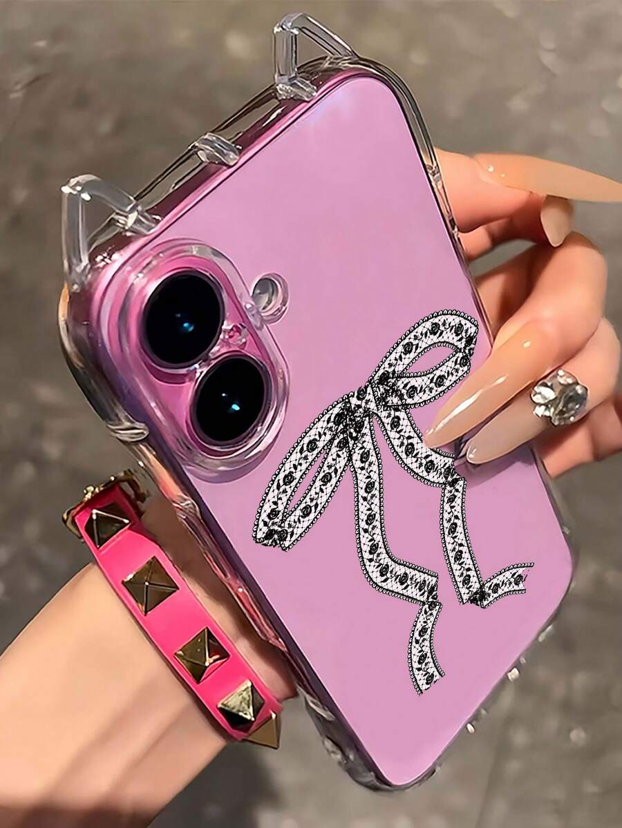 1pc Girly Rose Pattern Big Bow Cat Ear Phone Case, Transparent Edge Asymmetrical Cat Ear Design Air Cushion Anti-Drop Soft TPU 1.5mm Case With Lanyard Hole, Suitable Compatible With IPhone 17/17 Pro/ Air/17 Pro Max/16/16 Pro/16 Plus/16 Pro Max/15 Pro Max/11/12/13/14/15 Plus/15 Pro/14 Pro/13 Pro - Multicolor - View 1