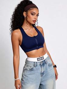 Runway Rest 1pc Ladies Blue Zipper Front Seamless Padded Sports Bra - Navy Blue - View 5