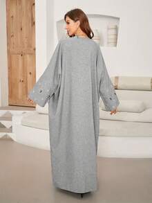 Moon Embroidered Abaya, Middle Eastern Muslim Robe - Light Grey - View 4