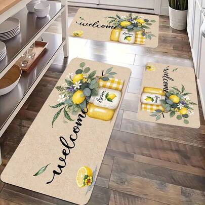 Modern Kitchen Mat With Lemon Flower Pattern | Soft And Comfortable Lightweight Polyester Fleece, Suitable For Bedroom, Living Room, Dining Area, Bathroom, Laundry Room, Doorway, And Kitchen Deco