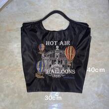 Bolsa de tela reutilizable con bordado de castillo y globo aerostático, bolso de hombro plegable de gran capacidad - Negro - Ver 5