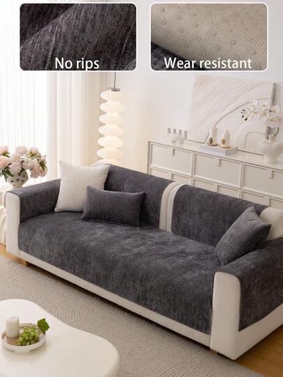 1pc Chenille Solid Color Sofa Cushion, Suitable For All Seasons, Minimalist And Modern, Thick And Soft Texture, Pets Favorite, Anti-Slip Sofa Protector