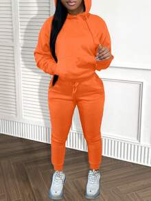 LovelyWholesale Women's Hooded Collar Long Sleeves Pocket Plain Casual Everyday Wear Autumn Winter Top And Pants Set - Orange - View 1