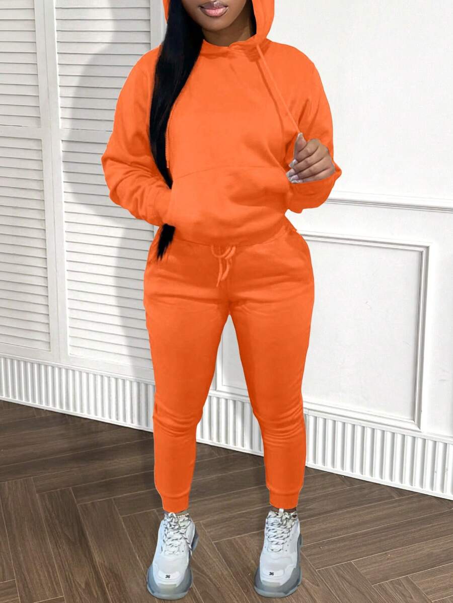 LovelyWholesale Women's Hooded Collar Long Sleeves Pocket Plain Casual Everyday Wear Autumn Winter Top And Pants Set - Orange - View 1
