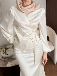 DAZY Women's Elegant Commuter Solid Color Tie Wrap Blouse & Fishtail Skirt Suit - Apricot - View 2