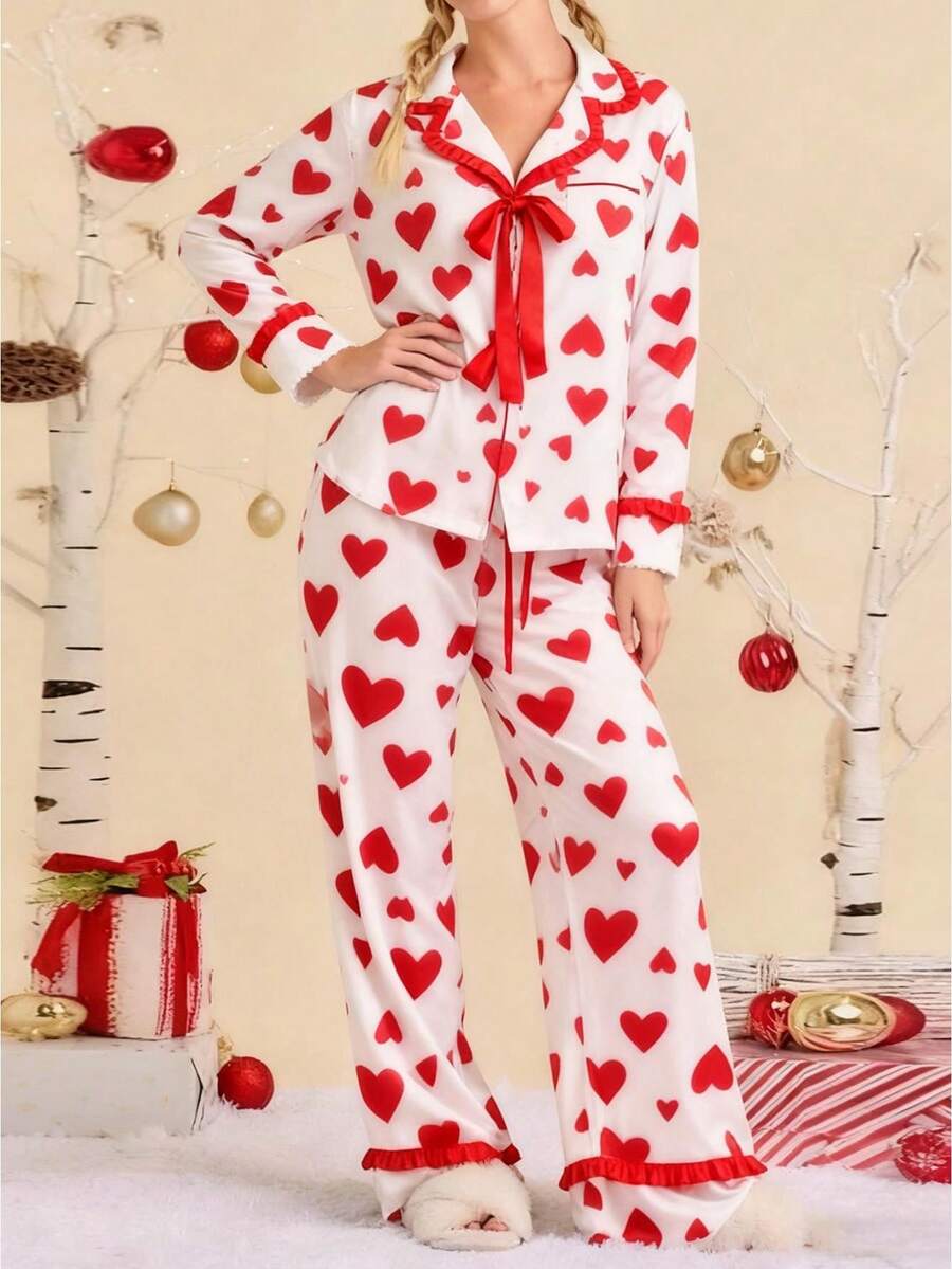 Women's Valentine's Day Pajamas Cute Heart Printed Bow Tie Long Sleeve Tops With Pants 2Pcs Sleepwear - 紅色 - 查看 1