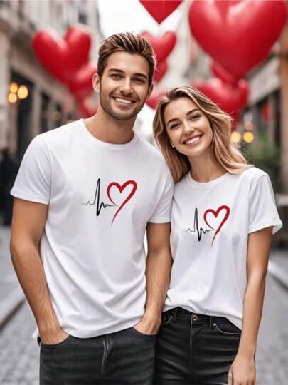 Valentine's Day T-Shirt For Couples 1Pcs With Heartbeat And Heart Design Symbolizing Connection And Eternal Love 100% Cotton