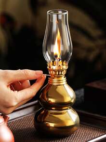 1个陶瓷电镀家用油灯，带手柄和灯罩，可调节灯芯，露营燃料灯，室内陶瓷油灯烛台，带灯芯的煤油灯，带火焰控制旋钮的油灯/防风灯 - 1PC - 查看 3