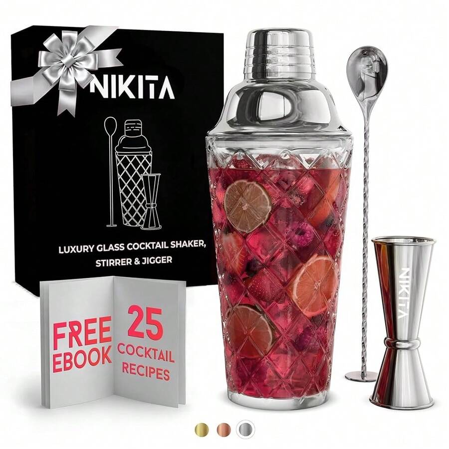 Glass Cocktail Shaker Set - 5 Piece - Silver Martini Shaker Set With Strainer, Jigger, Spoon & Muddler - 16 Oz Drink Shakers Cocktail - Ideal Gift For Home Bar & Drink Trolley Décor - 銀色 - 查看 1