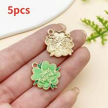 5件套DIY吊坠套装 | 幸运绿色珐琅吊坠，饰有三叶草和小妖精图案，锌合金材质，适用于圣帕特里克节珠宝制作 - 彩色 - 查看 13