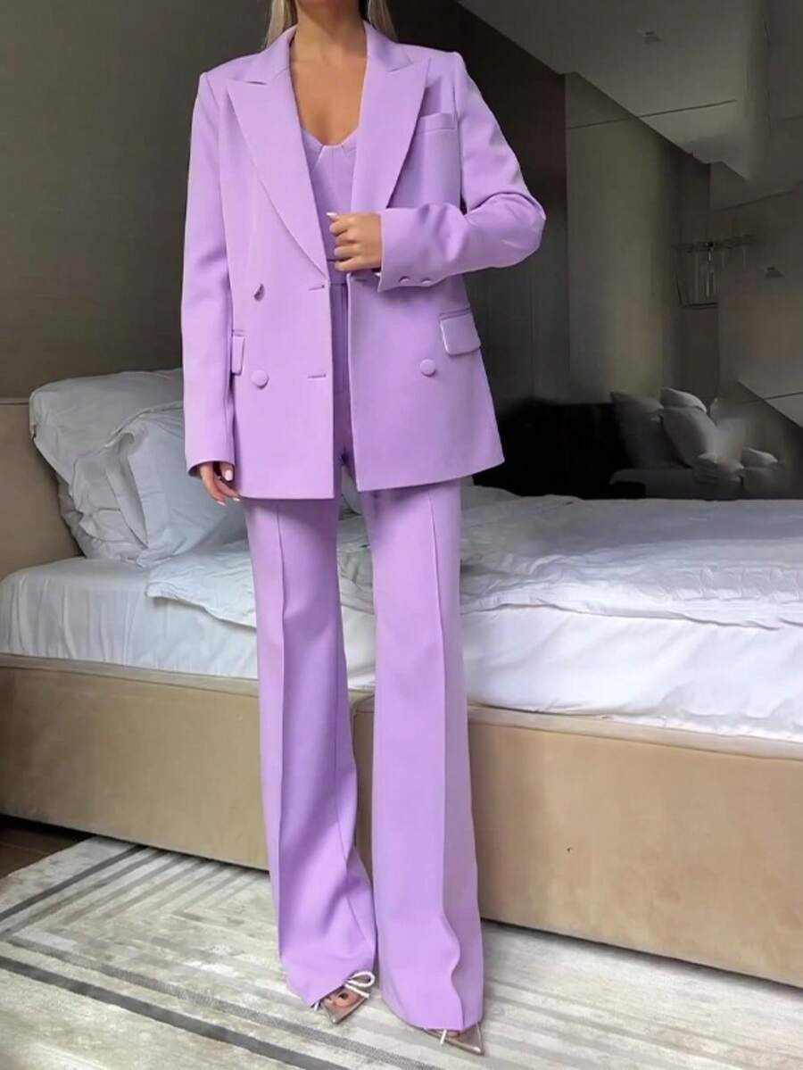 Women's Formal Suit Set - Stylish And Fashionable For Daily Work. The Set Includes A Blouse, Trousers And Coat, Making It A Three-Piece Outfit - 紫丁香色 - 查看 1