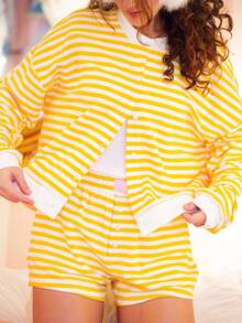 Women Y2K Striped 2 Piece Lounge Outfits Shorts Set Long Sleeve Button Down Cardigan Jacket And Wide Leg Boxers Shorts Fall Spring Two Piece Pjs Matching Outfits Sleepwear Loungwear - 黃色 - 查看 4