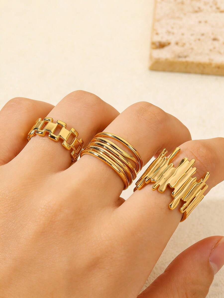 3pcs Gold-Tone Stainless Steel Multi-Layer Bar Rings Set, Exaggerated Fashion, Suitable For Women's Daily Decoration Or Gift - Yellow Gold - View 1