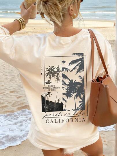 Women's Vintage Palm Tree Print Blouse, Breathable Loose Casual Short Sleeve T-Shirt, California Vacation Style Comfortable Skin-Friendly Everyday And Beach Wear, Summer