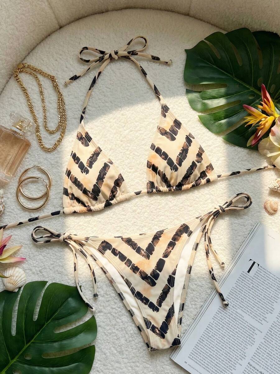 Women's Retro Nautical Bikini Set, Triangle Top & Side-Tie Bottoms, Adjustable Straps Geometric Print, UPF 50+ Sun Protection With Drawstring Bag, For Tropical Vacation - Multicolor - View 1