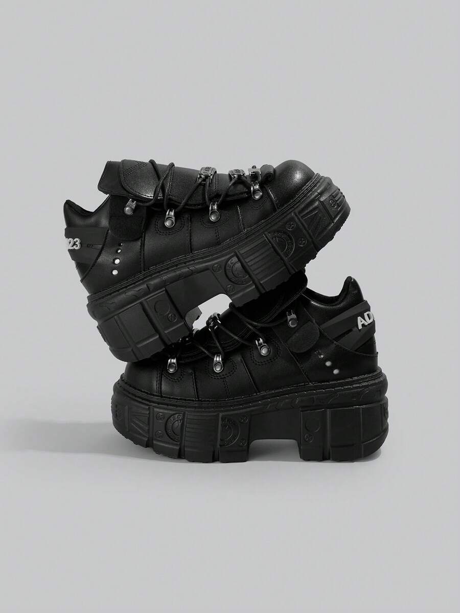DareSee Women's Punk Style Lace-Up Metal Eyelet Thick Sole Sneakers - Black - View 1