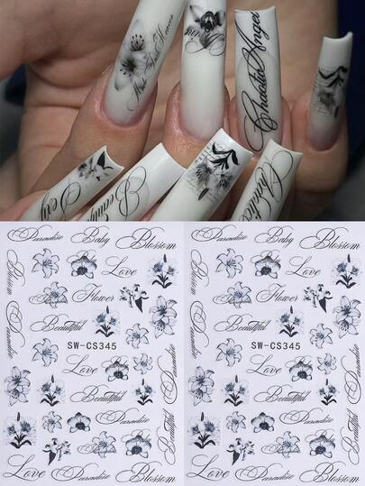 2 Stück Tinte Lilien Buchstaben Nagel Aufkleber, elegantes Buchstaben Muster selbstklebende Nail Art Abziehbilder, DIY Nagel Zubehör für Frauen