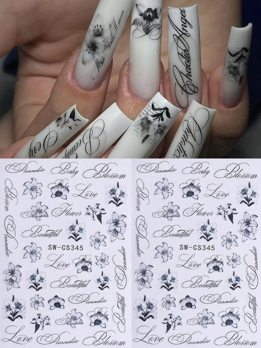 2 miếng dán móng tay hình chữ cái Ink Lily, họa tiết chữ cái trang nhã, tự dính, dụng cụ làm móng DIY dành cho nữ. - màu đen - Xem 1