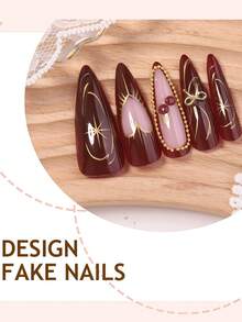 24pcs/Set Elegant Red Gold Press On Nails Long Stiletto Fake Nails With Bow And Chain Heart Design, Nail Press Ons Full Cover, Best Rated Press On Nails Kit, Durable Press In Nails For Quick Salon Style - 酒紅色 - 查看 8