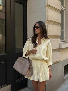 Bộ đồ nữ thanh lịch 2 món: Quần short xếp ly cạp cao đa năng mùa xuân/hè + Áo sơ mi dài tay kẻ sọc, trang phục kẻ sọc mới mẻ, phù hợp cho công sở, đi chơi, du lịch, học đường, phong cách thời trang của các blogger, sang trọng và tôn dáng. - Vàng nhạt - Xem 6